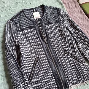 Rebecca Taylor Wool Blend Lamb Leather Trim Jacket Sz 4 Textured Blazer